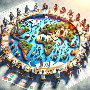 Business professionals collaborate around a round table with a 3D world map, symbolizing effective live management and global