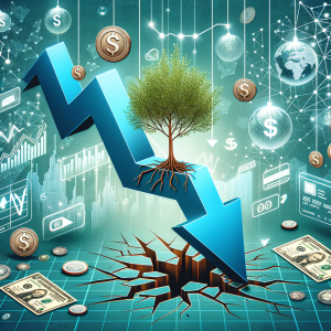 Illustration showing a downward arrow, money symbols, and a tree growing from cracked ground symbolizing resilience in the cu