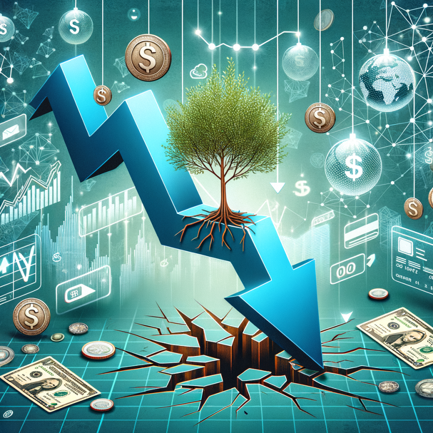Illustration showing a downward arrow, money symbols, and a tree growing from cracked ground symbolizing resilience in the cu